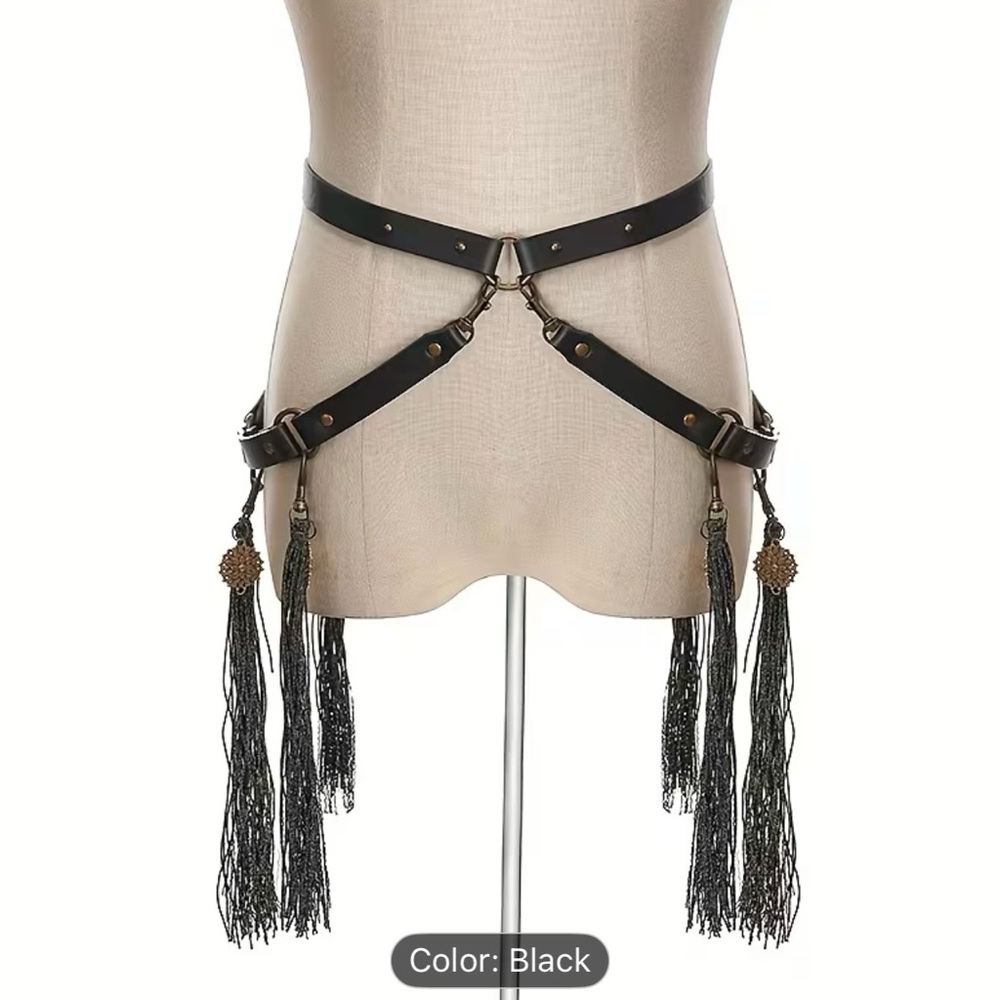 Black Tassel Leather Harness Belt